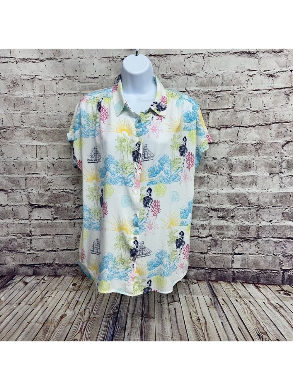 Jane And Delaney White Ocean Shell Print Button Short Sleeve Shirt